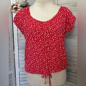 Red&White Ditsy Floral Print SZ LG Tie Waist, Puff Sleeves, SmockedBack, Cropped